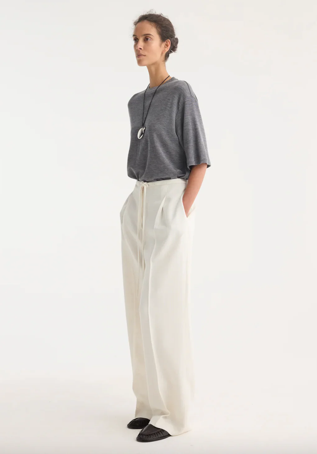Relaxed Drawstring Trousers: textured winter white - Image 3