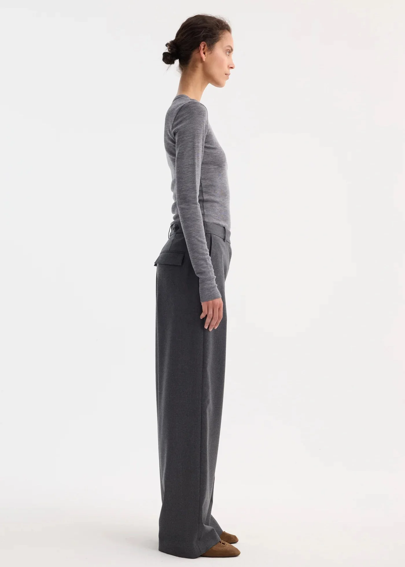 WIDE LEG TROUSERS: DARK GREY MELANGE - Image 3